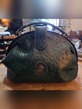 Michael Stevens Green Ostrich Pattern Top Handle Bag with Detachable Strap Women